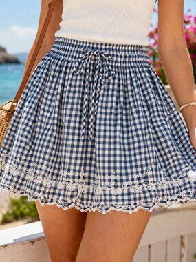 ARIZONA Gingham Lined  Mini Skirt Blue White Costal Cottagecore Juniors Large